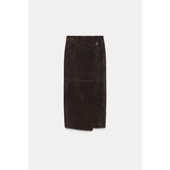ZARA 100% LEATHER WRAP MIDI SKIRT - Picture 6 of 8